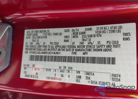 2014 Ford Escape Titanium z USA, uszkodzony, nr VIN 1FMCU0J98EUD14361